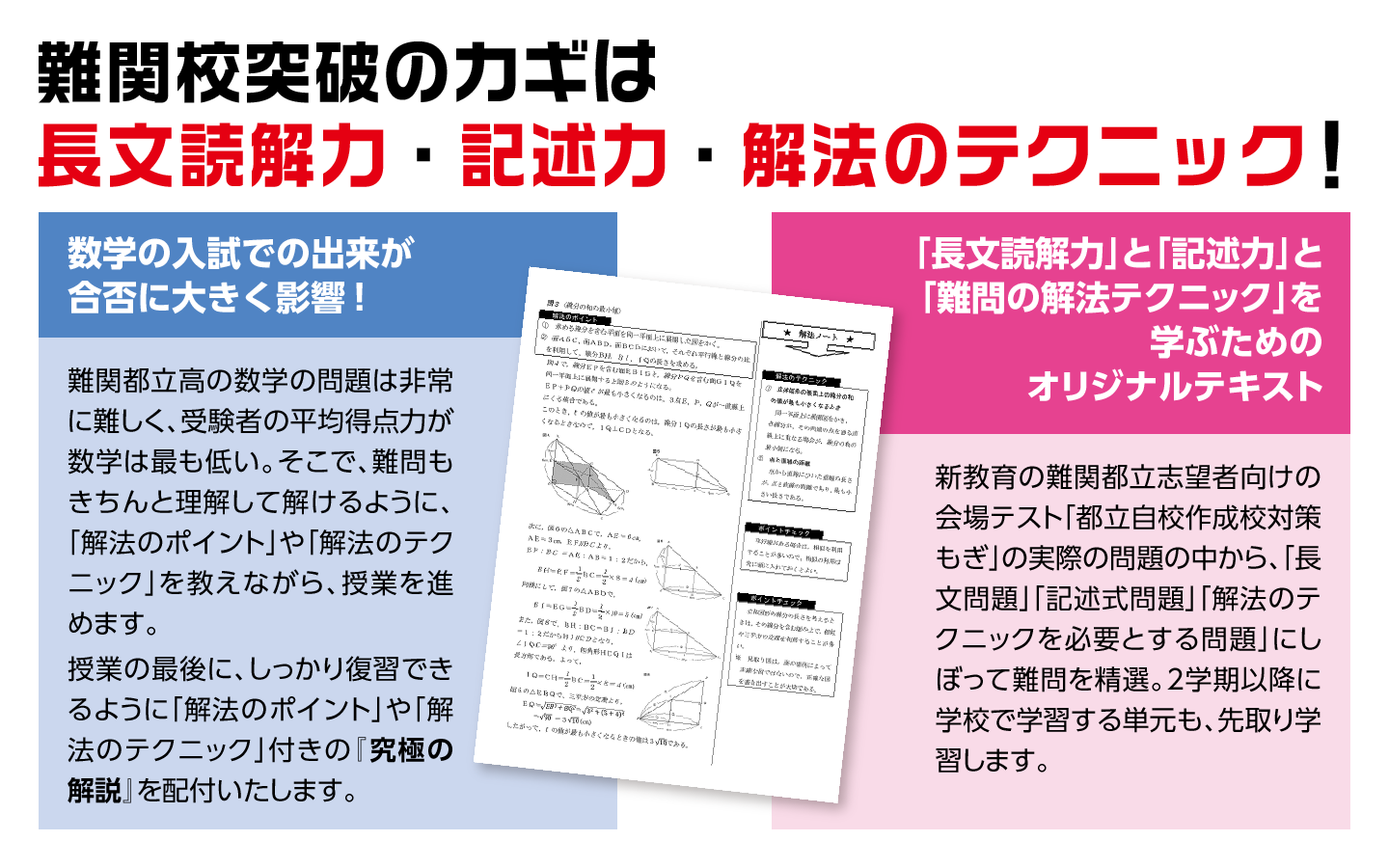 難関校突破のカギとなるのは、英語では「長文読解力」、国語では「記述力」、数学では「難問を解くための解法のテクニック」です