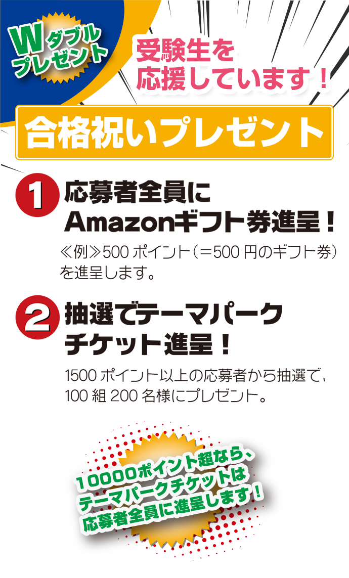 Wダブルプレゼント 受験生を応援しています！合格祝いプレゼント　1.応募者全員にAmazonギフト券進呈！ 2.抽選でテーマパークチケット進呈！